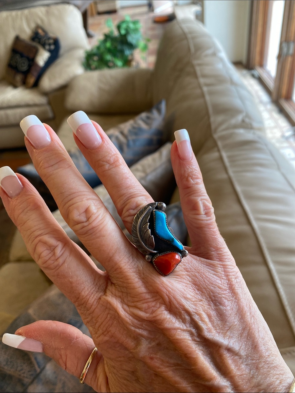 Turquoise and Coral Southwest Silver Statement Ring - Women Jewelry Ring